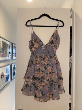NWT Angel Biba Floral Lavender Tiered Spaghetti Strap Sleeveless Mini Dress